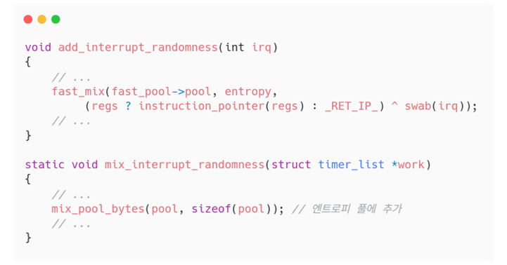 사진4. add_interrupt_randomness() 함수 (‘random.c’ from Linux Kernel)